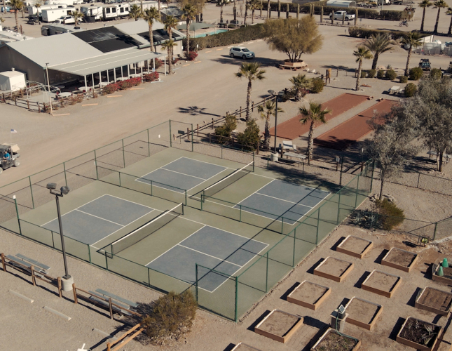 View of Pickleball and Bocce Ball Courts, Garden and Dog Parks