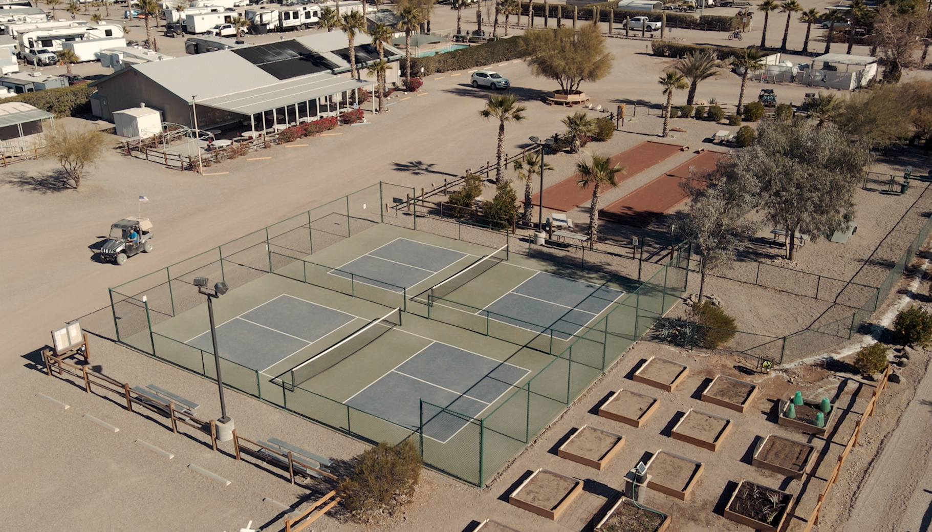 View of Pickleball and Bocce Ball Courts, Garden and Dog Parks